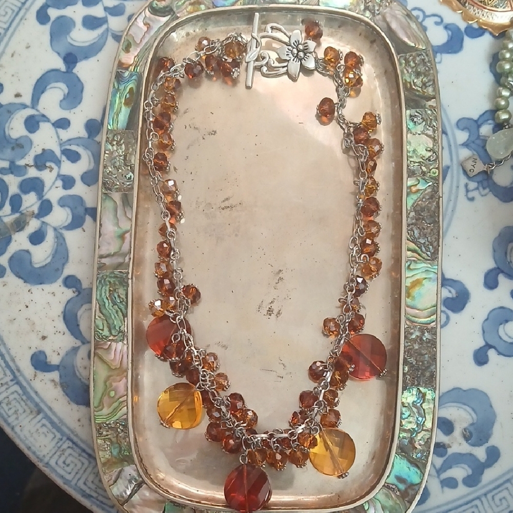Amber Crystal Beads and Silver Necklace